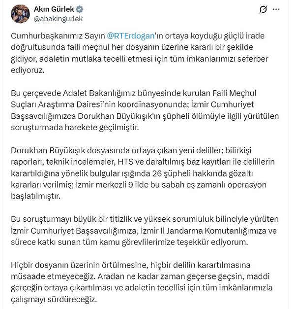 Adalet Bakanı Akın Gürlek, İzmir Cumhuriyet Başsavcılığınca Dorukhan Büyükışık'ın şüpheli ölümüyle ilgili yürütülen soruşturmada harekete geçildiğini açıkladı.