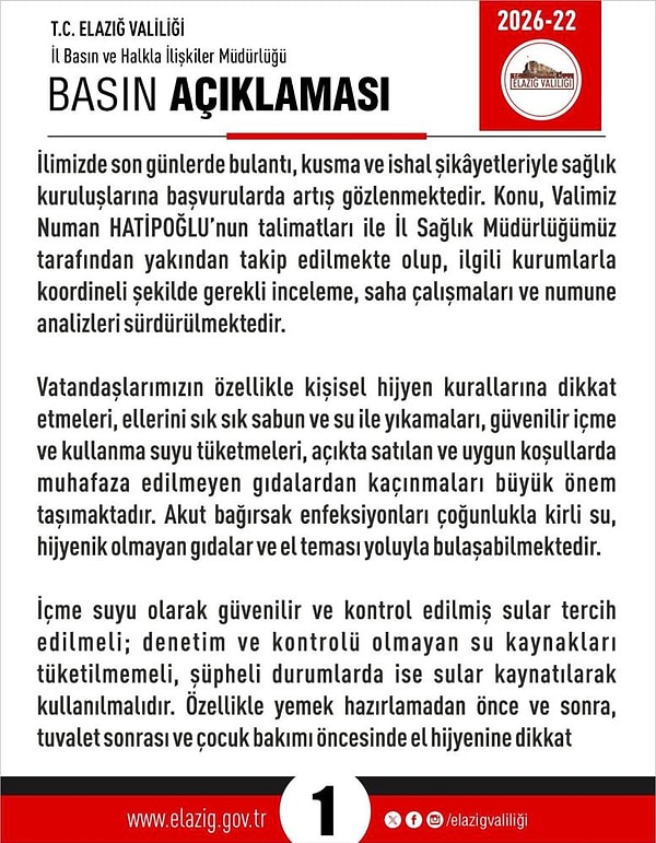 Elazığ'da son günlerde sağlık kuruluşlarına bulantı, kusma, karın ağrısı ve ishal şikayetiyle başvuran vatandaşların sayısında dikkat çeken bir artış yaşanıyor.