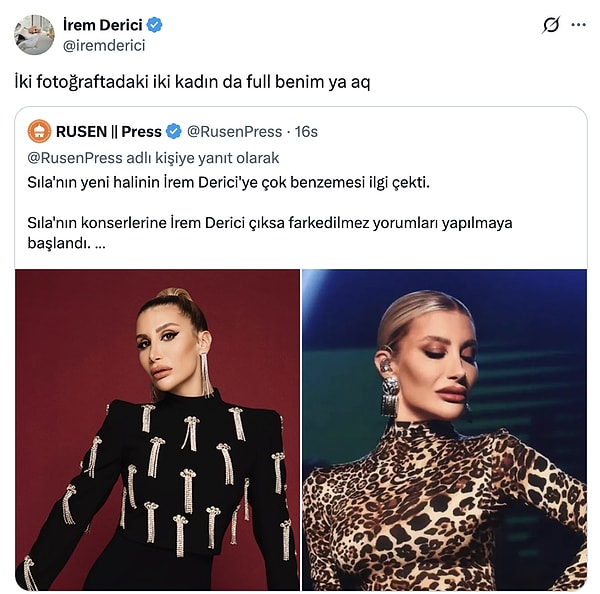 Haberde ismi geçen İrem Derici paylaşımdan haberdar oldu ve şu paylaşımla yanıt verdi.