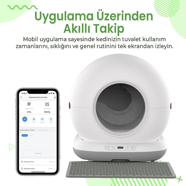 Otomatik temizleme özelliği sayesinde, kedinizin dışkı ve idrarı hızlı ve hijyenik bir şekilde ortadan kaldırılır, üstelik sizin elinizi bile kirletmeden!