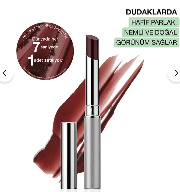 Bu haftanın tık rekortmeni Clinique Almost Lipstick Black Honey ruj kaçırılmayacak şekilde sadece 1.154 TL!