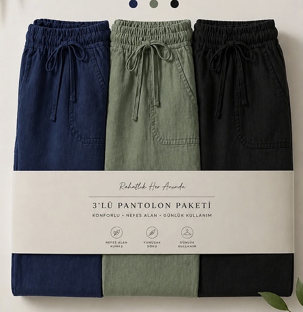 Damga premium yazlık keten jogger pantolon seti tek pakette tam üç farklı renk seçeneği sunuyor!