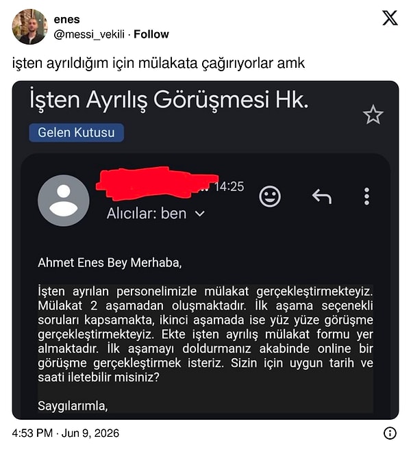 Viral olan görüşme talebi şu şekilde... Üstelik istifa etseniz de tek görüşme yeterli gelmiyor.