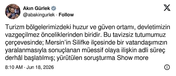 Adalet Bakanı Akın Gürlek, olaya karışan 3 kişinin tutuklandığını açıkladı.