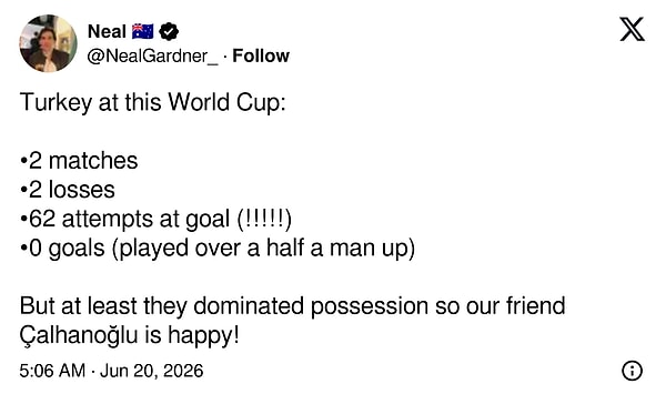 "Türkiye’nin bu Dünya Kupası karnesi: 2 maç, 2 mağlubiyet, 62 gol denemesi (!!!!!) 0 gol, üstelik bir devreden fazla 1 kişi fazla oynadılar. Ama en azından topa sahip olmayı domine ettiler, dostumuz Çalhanoğlu mutludur!"