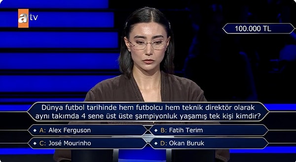 Yarışmacı % 50 joker hakkını kullandı ancak daha sonra çift cevap jokerini kullanmadı.