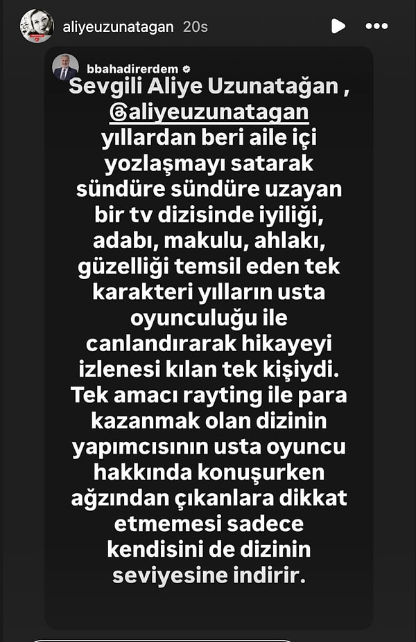 Günlerdir sessizliğini koruyan Aliye Uzunatağan, CHP Meclis Üyesi Bahadır Erdem'in manidar paylaşımını Instagram hesabında yeniden paylaştı.