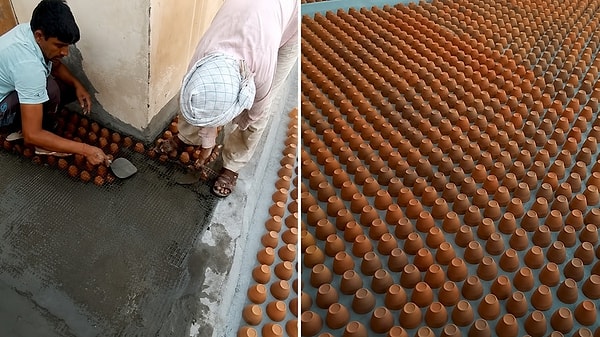 Geleneksel toprak bardaklar çatıda ters çevrilerek yalıtım katmanına dönüştürüldü