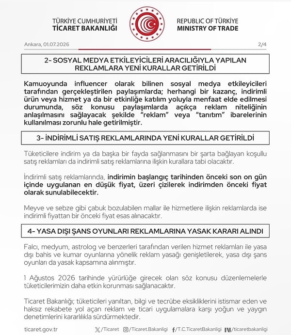 Vatandaşların dijital ve geleneksel mecralarda yanıltıcı mesajlara maruz kalmasını engellemek isteyen Ticaret Bakanlığı, ticari reklam kurallarında çok kapsamlı bir güncellemeye imza attı.