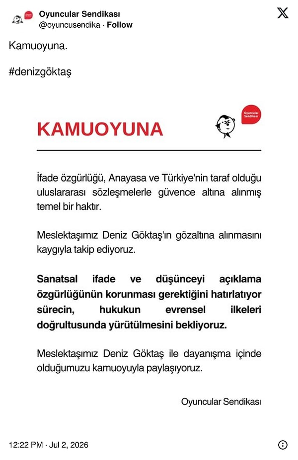 Oyuncular Sendikası gözaltıyla ilgili paylaşımda bulundu.