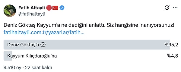 Fatih Altaylı, "Kime inanıyorsunuz?" diyerek bir anket başlattı.