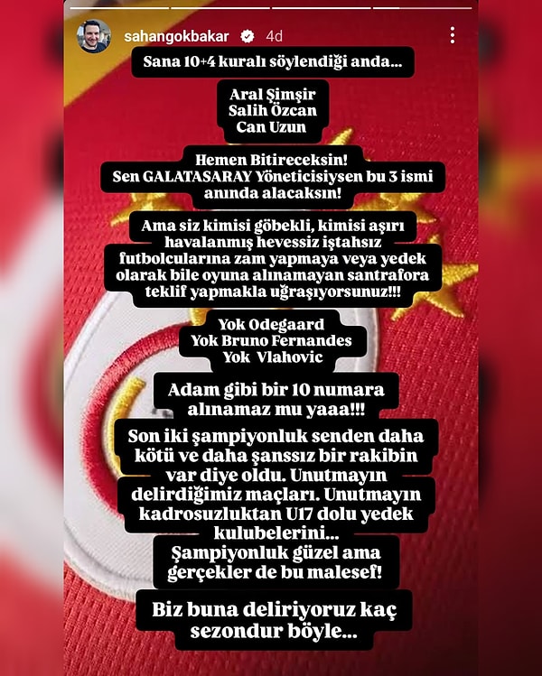 Şahan Gökbakar'ın yaptığı paylaşım: