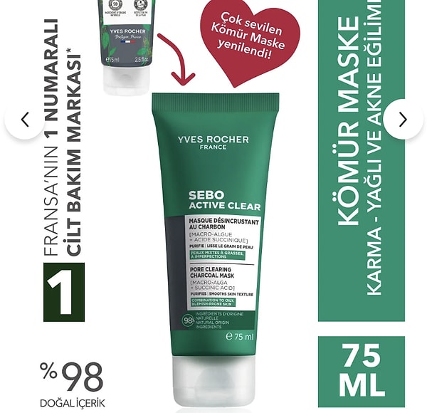 Yves Rocher kömür maskesi arındırıcı ve siyah nokta karşıtı etkisiyle sepette %25 indirimle net 524,92 TL!