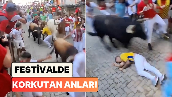 İspanya'daki Geleneksel Boğa Koşusu'nda Yere Düşen Bir Kişi Yürekleri Ağızlara Getirdi