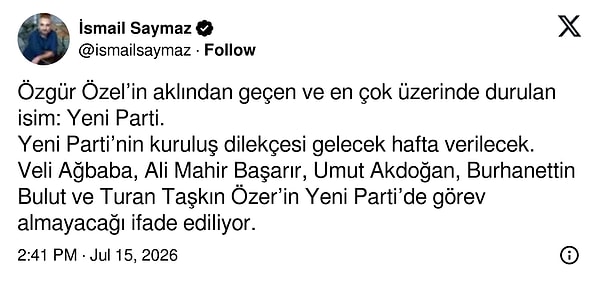 İsmail Saymaz, Özgür Özel'in kuracağı partinin adını açıkladı.