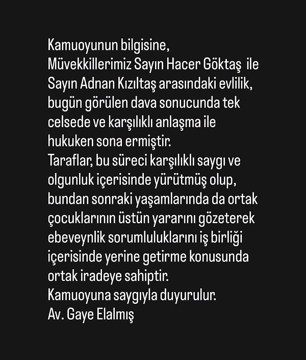 Ancak Temmuz 2026'da çiftten beklenmedik bir haber geldi. Adnan Kızıltaş ile Hacer Göktaş, anlaşmalı olarak boşanma kararı aldı. Görülen davada taraflar ilk duruşmada anlaşmaya varırken, 4 yıllık evlilik resmen sona erdi.