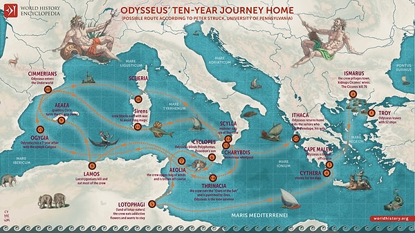 Odysseus’un yıllar süren yolculuğu, neredeyse tüm Akdeniz sularından geçiyor.