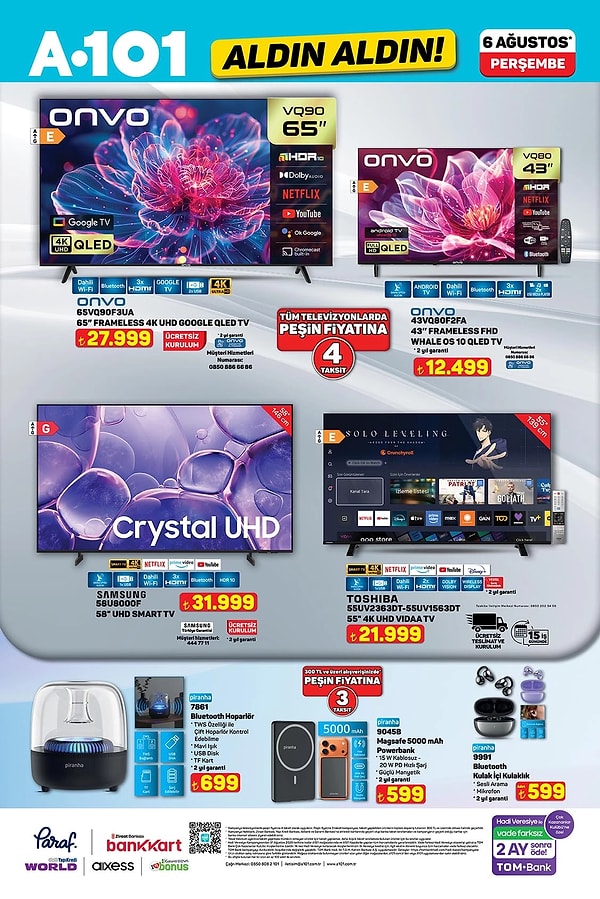 Onvo 65VQ90F3UA 65 Frameless 4K UHD Google QLED TV 27.999 TL