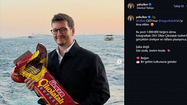 Yahya Ulker announced that they will produce a giant chocolate wafer if the post receives a million likes.
