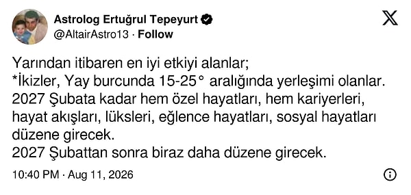 Ertuğrul Tepeyurt, İkizler ve Yay burcu uyarısı yaptı.👇