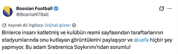 Temmuz 1995'te Bosna-Hersek'in doğusundaki Srebrenitsa'da binlerce Boşnak sivilin katledildiği soykırımdan doğrudan sorumlu tutulan ve Lahey'deki Uluslararası Adalet Divanı tarafından ömür boyu hapse mahkûm edilen Mladić’in bir spor arenasında yüceltilmesi sosyal medyayı ayağa kaldırdı 👇