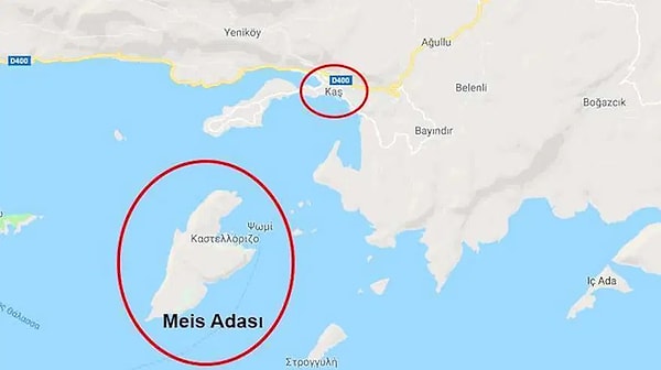 Meis, Yunanistan'a 580 kilometre, Kaş'a sadece 2,1 kilometre uzaklıkta.