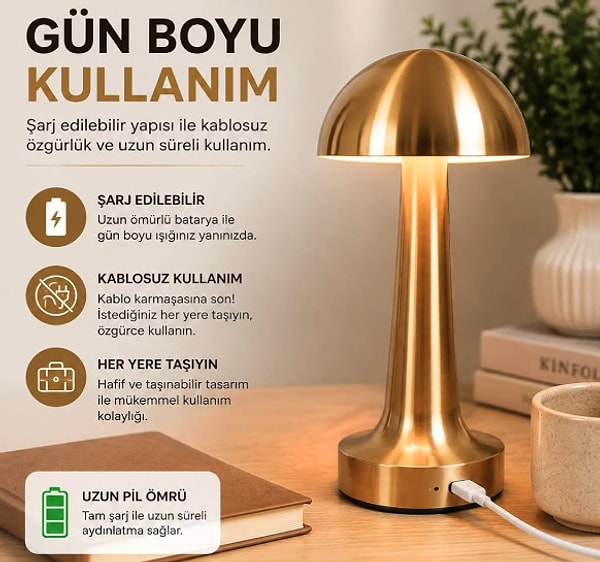 Kablolardan bağımsız, şık tasarımıyla ister çalışma masanızda ister yatak ucunda kullanabileceğiniz dokunmatik kontrollü şarjlı masa lambası.