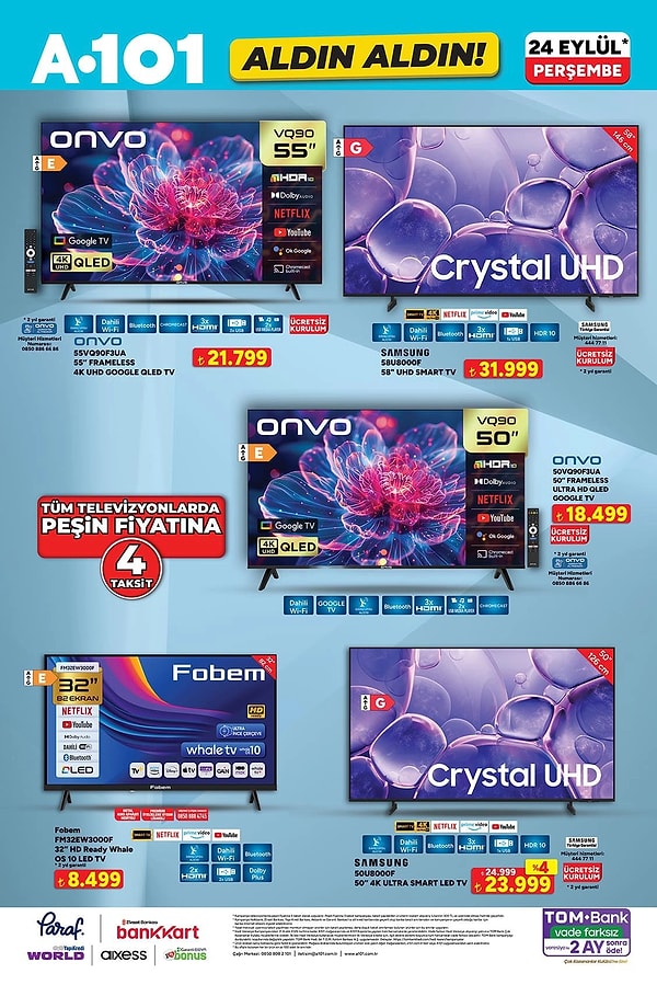 Onvo 55VQ90F3UA 55" Frameless 4K UHD Google QLED TV 21.799 TL
