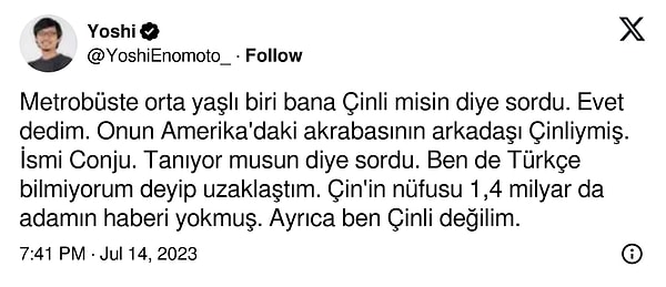 Kendisini Çinli sanan yolcu, metrobüste hiç duymadığı "Conju" adlı biriyle akraba çıkarıldı