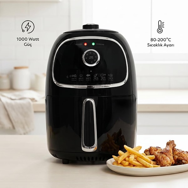 Conti Frito Airfryer, 1000 Watt gücündeki gelişmiş sıcak hava sirkülasyonu teknolojisi sayesinde yiyeceklerinizi çok az yağ kullanarak veya hiç yağ eklemeden dışı çıtır, içi yumuşacık pişirir.