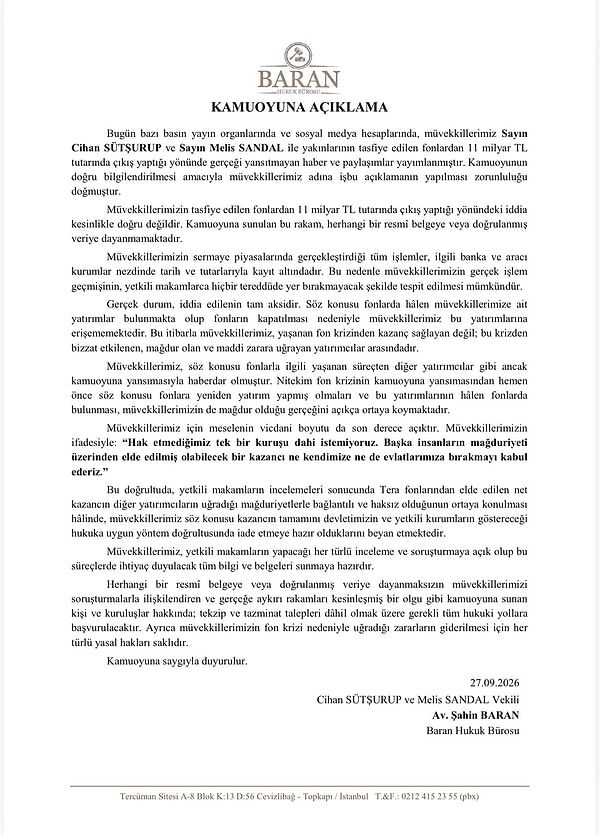 Yiğit Uzun sosyal medya hesabından Cihan Sütşurup ve Melis Sandal'ın avukatının açıklamasını paylaştı: