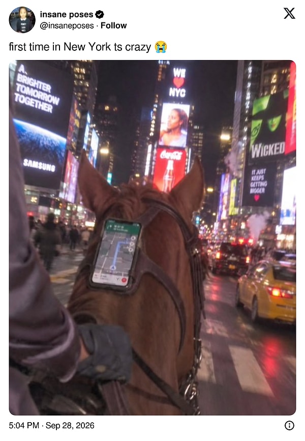 New York'u ilk kez görmenin heyecanı, atın kafasına iliştirilmiş navigasyonla birleşince