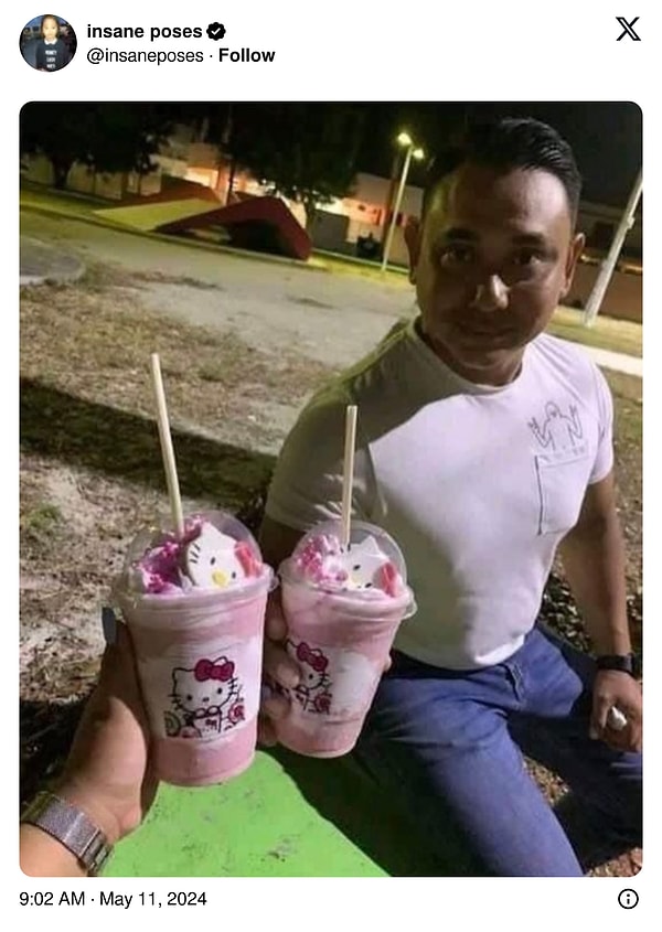 Sert görüntüsüne rağmen Hello Kitty'li milkshake'lerden vazgeçemeyen adam