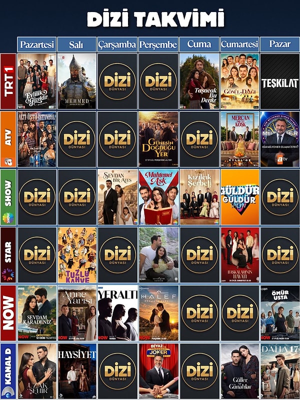 İşte Dizi Dünyası'nın paylaştığı güncel dizi takvimi: