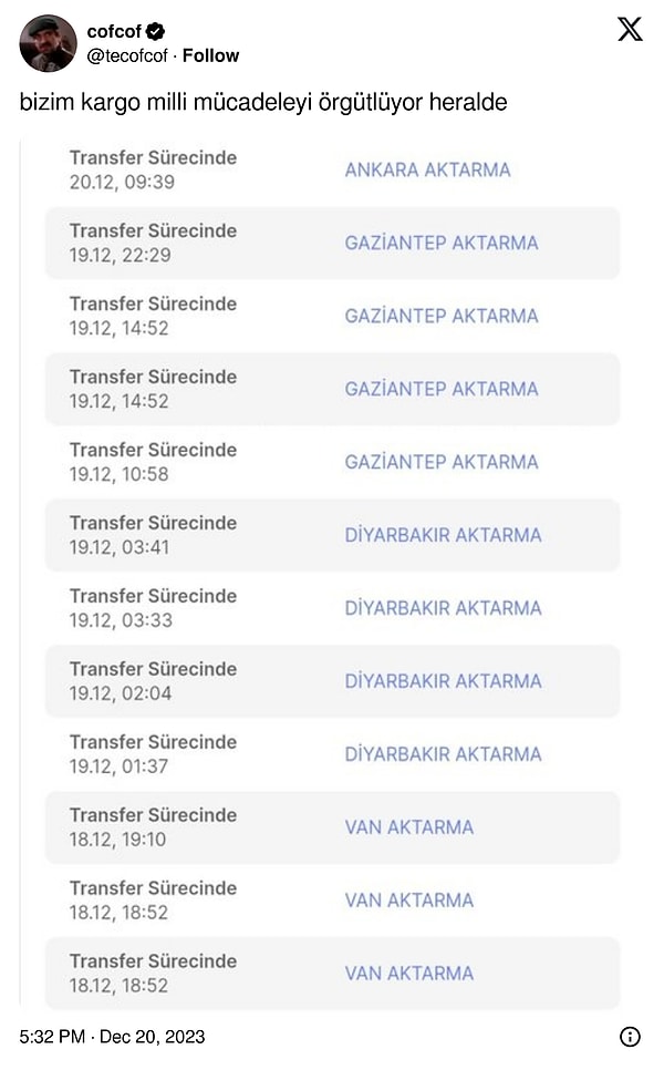 Van'dan Ankara'ya aktarma aktarma giden kargo milli mücadele destanına döndü