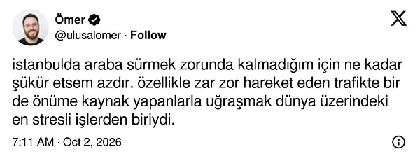 Trafikte araba sürmenin stresinden kurtulduğuna şükreden İstanbullu