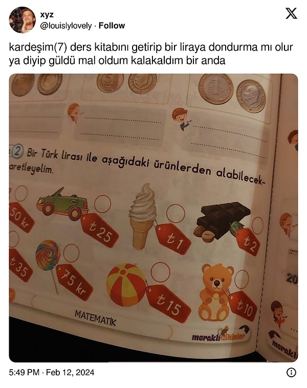 Matematik kitabındaki bir liralık dondurmaya 7 yaşındaki kardeşten enflasyon tepkisi geldi