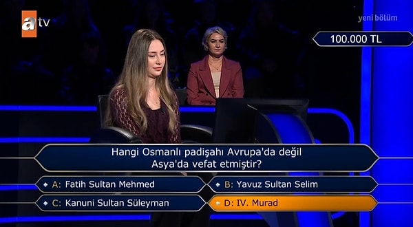 4 Ekim Pazar günü yarışan Alisa Erişen, 100 bin TL'lik Osmanlı padişahı sorusunda çift cevap jokerine başvurdu.