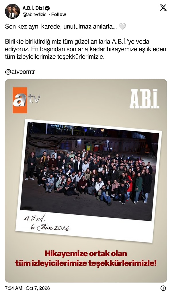 A.B.İ.'nin resmi hesabı, finalin ertesi sabahı ekibin son karesini "Son kez aynı karede, unutulmaz anılarla" notuyla paylaştı.