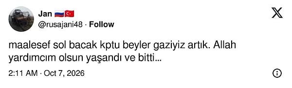 Rus tarafında savaştığı belirtilen Jan, sol bacağını kaybettiğini yazdı