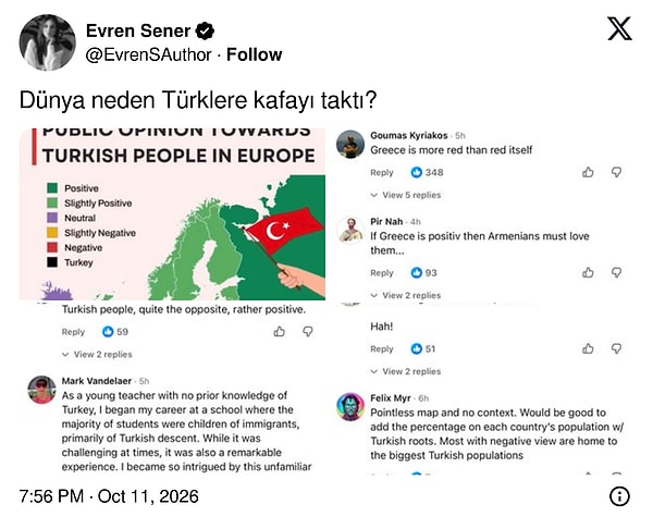 Avrupa'da Türklere yönelik algıyı gösteren bir haritayı "Dünya neden Türklere kafayı taktı?" sorusuyla paylaşıldı.