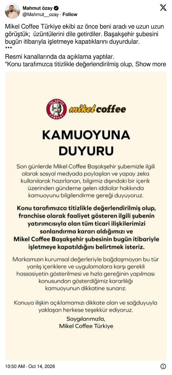 Mikel Coffee yatırımcıyla ticari ilişkisini bitirdiğini açıkladı