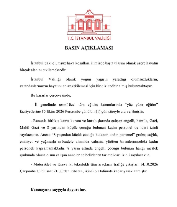 15 Ekim İstanbul’da Okullar Tatil Edildi mi?
