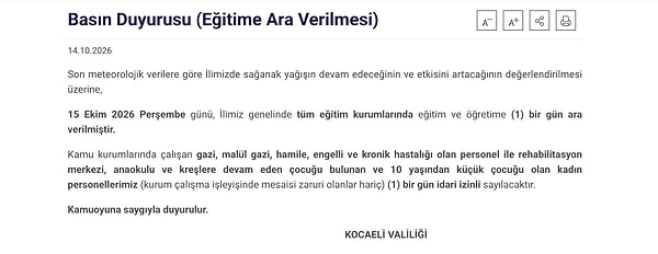 Kocaeli Valiliği tarafından yapılan açıklamada şu ifadelere yer verildi: