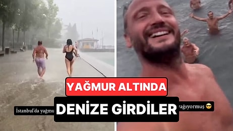 İstanbul'da Sağanak Yağmur Altında Mayolarıyla Denize Giren Grubun Görüntüleri Gündem Oldu
