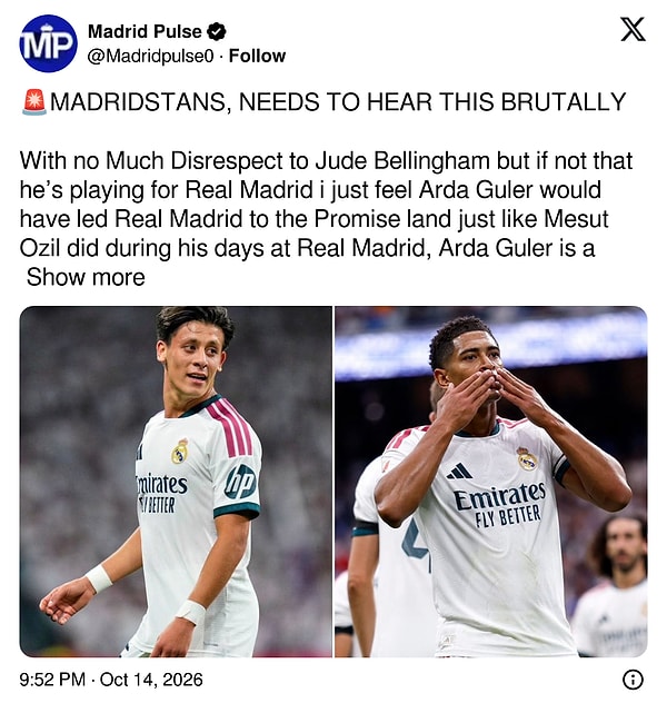 "Madridistalar, bunu sert bir şekilde duymanız lazım. Jude Bellingham'a saygısızlık etmeden söylüyorum, Real Madrid'de oynamasaydı bile Arda Güler'in takımı, Mesut Özil'in zamanında yaptığı gibi vaat edilen topraklara taşıyacağını düşünüyorum."