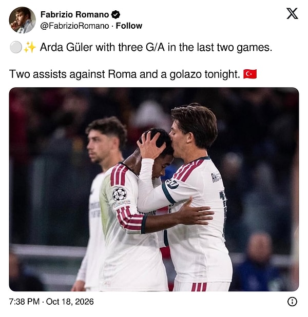 ⚪️✨ Arda Güler son iki maçta üç gol/asistlik katkı verdi. Roma'ya karşı iki asist ve bu gece bir golazo. 🇹🇷