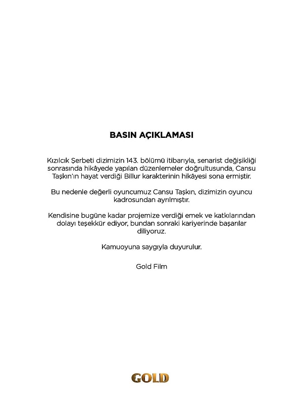 Gold Film'e göre Billur'un hikâyesi, senarist değişikliğinin ardından 143. bölümle birlikte sona erdi.