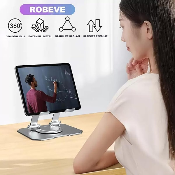 Masada video izlerken veya çalışırken telefonunuzu en ideal açıda tutmanızı sağlayan, katlanabilir ve şık metalik tasarımlı taşınabilir stant.