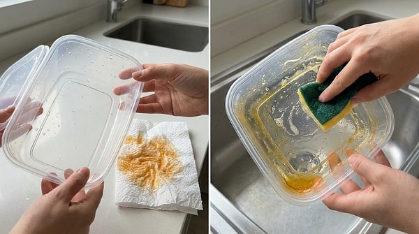 The paper towel traps the oil and food residue as you shake it.